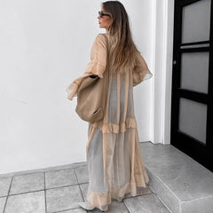 Khaki Batwing Sleeve Dress Sun Protective Blouse Maxi Dress for