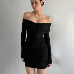 Pleated off the Shoulder Long Sleeve Slim Sheath Short Dress