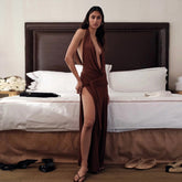 Deep V Plunge Hollow Out Cutout Backless Stitching Ribbon Long Pleated Halter