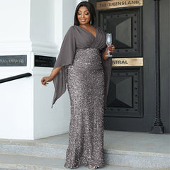 plus Size Long Sequined V neck Long Sleeve Cocktail Evening Dress Bridesmaid Dress