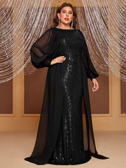 plus Size Dress Sequined Mesh Stitching Long Sleeves Evening Gown Elegant Dress