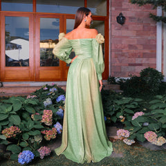 Long Sleeve Elegant Boat Neck Waist Beach Vacation Long Bohemian Large Swing