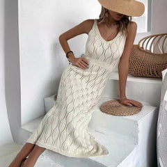 Hollow Out Cutout out See through Vacation Solid Color Backless Knitted Dress for