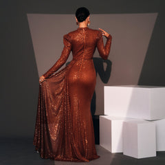 Abendkleid, langärmelig, Rundhalsausschnitt, schmal geschnitten, langes Pailletten-Cocktailkleid für Brautjungfern