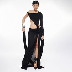 Trendy Large Hollow Out Cutout out Single Side Long Sleeve Asymmetric Length Dress
