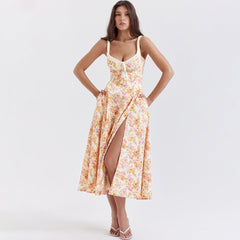 Vestido lencero floral sin espalda con abertura y largo medio para vacaciones