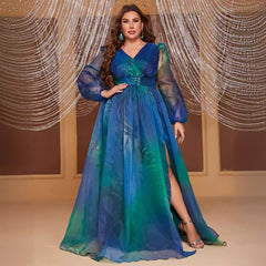 Plus Size Long Sleeve Dress V Neck Peacock Blue Tight Waist Split Elegant Dress