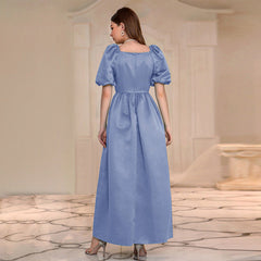 Elegantes blaues A-Linien-Kleid mit hoher Taille und eckigem Kragen