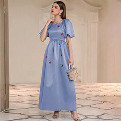 Elegantes blaues A-Linien-Kleid mit hoher Taille und eckigem Kragen