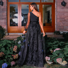 Long Sleeve Elegant Black One Shoulder Diagonal Collar Waist Split Mesh Dress Evening Dress Organza