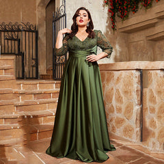 Plus Size Cocktail Evening Dress Satin V neck Long Sleeve Dress Slim Fit Maxi Dress Sequin