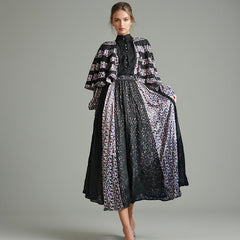 Elegant High Waist Lace Maxi Dress Cape Shawl Design Printed Maxi