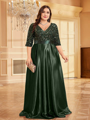 Plus Size V neck Long Sleeve Sequined Elegant Prom Evening Dress Party Dress