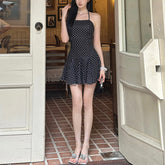Retro waist A-line slim polka dot suspender dress
