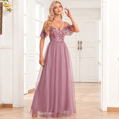 Elegant Off The Shoulder Strap Sleeve Double V Neck Tulle Stitching Embroidered Sequ A Swing Long Party Evening Dress