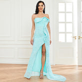 Vestido largo elegante sin mangas con lentejuelas, cuello descubierto y espalda descubierta