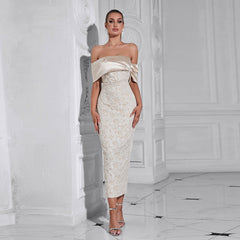 Top Back Slit Slim Fit Dress Jacquard Fabric Elegant Evening