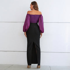 Vestido tubo de color contrastante, vestido francés de alta gama con mangas largas y cuello descubierto