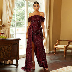 off-Neck Long Sequined Banquet Fishtail Small Trailing Evening Dress