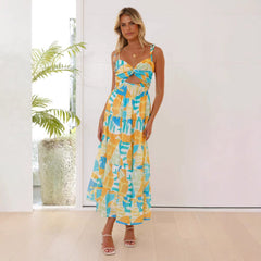 Suspenders Tube Top Floral Print Slit Maxi