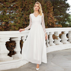 Dress Slim White Wedding Dress Lace V neck Dress Chiffon Wedding Clothes