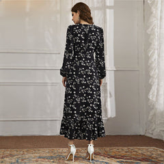 Fall Arrival V neck Small Floral Dress Long Sleeve Black Maxi Dress