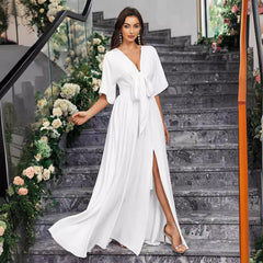 Plus Size Elegant White V neck Split Half Sleeved Lace up Ladies Dress