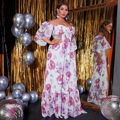Plus Size Five Quarter Sleeve Waist Hollow Out Cutout Out Long Off Shoulder Chiffon Printed Dress