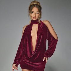 Halter Swing Collar Bare Back Velvet Dress
