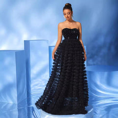 Strapless Black Mesh Sequ Dress