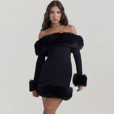 Black Plush Long Sleeve off Shoulder Dress Fur Backless Hip