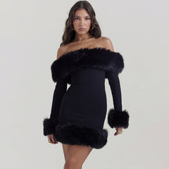 Black Plush Long Sleeve off Shoulder Dress Fur Backless Hip
