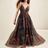French Elegant Vacation Dress Printed V neck Seaside Strap Dress