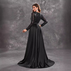 Prom Party Dress Sequined Long Sleeve Round Neck Elegant Black Formal Dress