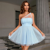 Mesh Wrapped Chest Sweet Princess Dress Backless One-Shoulder Dress