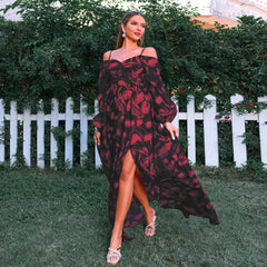 Bohemian Holiday Vintage Printed Stitching Waist Floral Long Sleeve Dress Long Dress