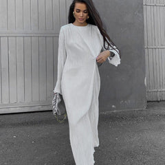 Dress Pleated round Neck Long Sleeve Solid Color Loose Maxi Dress Slimming Casual