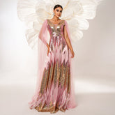 Vestido de noche de dama de honor de malla de alta calidad, manga larga, escote en V, lentejuelas y vuelo grande