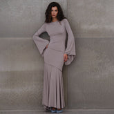 Solid Color Bell Sleeve Waist Tight Elegant Fishtail Dress