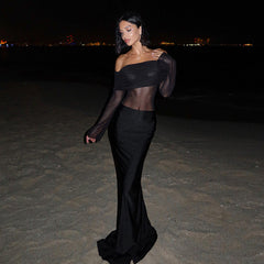 Fall Maxi Dress Elegant Slim off Shoulder Mesh