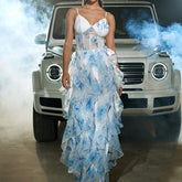 Popular Vacation Dress Mesh Stitching Printing Ruffled Spaghetti Straps Dress