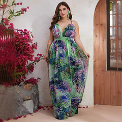 Plus Size Chiffon Spaghetti Straps Sleeveless Maxi Dress Printed V neck Vacation Dress