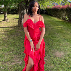 Solid Color Dress Spaghetti Straps Sleeveless Ruffled Irregular Asymmetric Maxi Dress