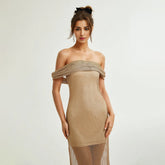 Hollow Out Cutout Mesh Diamond Party Dress off Shoulder Design Dress