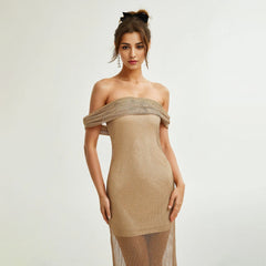 Hollow Out Cutout Mesh Diamond Party Dress off Shoulder Design Dress