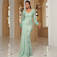Long Sleeve Long Sequined V neck Cocktail Ribbon Evening Dress Bridesmaid