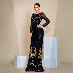 Long Sequined Long Sleeve round Neck Cocktail Evening Dress Bridesmaid