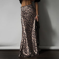 Satin Draping Skirt Leopard Print Sheath Fishtail Skirt Floor Length Dress
