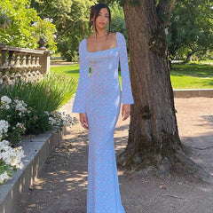 Fall Maxi Dress Elegant Slim Fit Small Horn Printed Sleeve