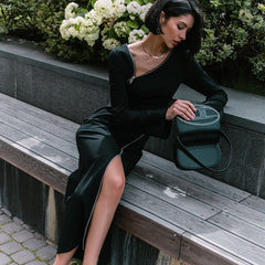 Early Shoulder Design Zipper Slit Black Hip Bag Dress